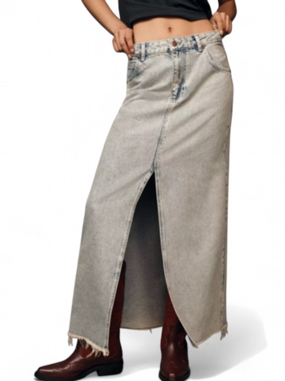 Pilcro The Madi Front Slit Denim Maxi Skirt Raw Hem Size 10 EU 42 - Picture 3 of 6
